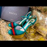 Gucci Shoes | Gucci Heels Shoes Pumps Sling Green Leather Pitone Wood Sandals Platform Size 10 | Color: Green/Red | Size: 10