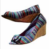 American Eagle Outfitters Shoes | American Eagle Wedges Peep Toe Cork Boho Hippie | Color: Blue/Red | Size: 9.5