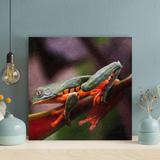 Gracie Oaks Green Frog On Red Plant - 1 Piece Square Graphic Art Print On Wrapped Canvas Metal in Green/Indigo/Red, Size 32.0 H x 32.0 W x 2.0 D in