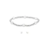 Belk & Co Fresh Water Pearl And Silver Bead Strand Stretch Bracelet And Stud Earrings 2Pc Set, Sterling Silver, White