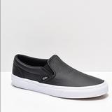 Vans Shoes | Black Leather Womens Slip On Vans | Color: Black/White | Size: 7.5