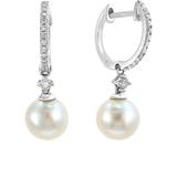 14k White Gold Pave Diamond Freshwater Pearl Hoop Drop Earrings