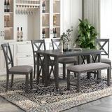 Gracie Oaks 6-Piece Family Dining Room Set Solid Wood Foldable Table & 4 Chairs w/ Bench For Dining Room () in Gray, Size 30.0 H in | Wayfair