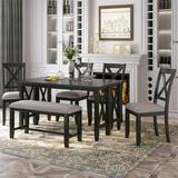 Gracie Oaks 6-Piece Family Dining Room Set Solid Wood Foldable Table & 4 Chairs w/ Bench For Dining Room (Gray) Wood/Upholstered Chairs in Brown