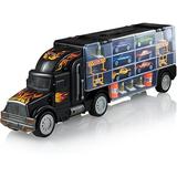 Toy Truck Transport Car Carrier - Toy truck Includes 6 Toy Cars and Accessories - Toy Trucks Fits 28 Toy Car Slots - Great car toys Gift For Boys and Girls - Original - By Play22