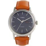 40 Mm Marlin Auto Silver Case Blue Dial Tan Leather Strap - Metallic - Timex Watches