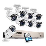 ZOSI H.265+ 8-Channel 5MP-Lite 2TB Hard Drive DVR Security Camera System with 8X 1080p Wired Bullet Cameras, Black/White