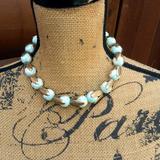 Anthropologie Jewelry | Lenora Dame Designer Signed Faux Pearl Capped Leaves Gold Tone Necklace | Color: Blue/White | Size: Os