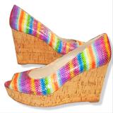 Nine West Shoes | #339 Y2k Nine West Rare Rainbow Cork Wedges Peep Toe Heels Shoes 7.5 Ladies | Color: Pink/Purple | Size: 7.5