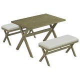Gracie Oaks 3 Pieces Farmhouse Rustic Wood Kitchen Dining Table Set w/ 2 Upholstered Benches, Gray Green Wood in Brown/Green, Size 30.0 H in Wayfair