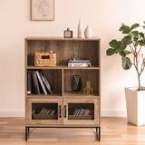 17 Stories Bookcase Cabinet, Farmhouse Bookcase w/ Cabinet & Open Storage Shelf, Wood Accent Chest, Weathered Oak Grey in Brown | Wayfair