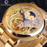 Forsining Automatic Mechanical Business Watch Mens Clock Golden Moon Phase Steel Strap Wrist Watches