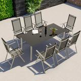 Latitude Run® 9 Piece Patio Dining Set, Outdoor Furniture Set w/ Metal Tempered Glass Table & 8 Foldable Textilene Chairs in Black | Wayfair