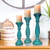 One Allium Way® Candle Holder w/ Pillar Base Support, Distressed White Wood/Iron in Blue, Size 15.0 H x 5.0 W x 5.0 D in | Wayfair