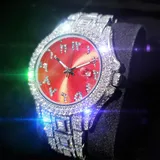 MISSFOX Red Dial Diamond Men Quartz Watch Luxurious Round Arabic Digital Watches Man Calendar
