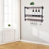 Williston Forge 3-Tier Wall Mounted Wine Bottle Shelf Rustic Stemware Holder Bars Restaurants Wine Display Rack Wood/Metal/Solid Wood in Brown