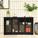 Koala Company Kitchen Sideboard, Sideboard w/ Sliding Glass Doors & Windows, Wooden Cabinet Server Buffet Table For Home Living Room Wood in Black