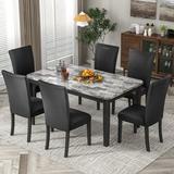 Red Barrel Studio® 7-Piece Dining Table Set w/ 1 Faux Marble Top Table & 6 -Seats Wood/Upholstered Chairs in Black/Brown/Gray | Wayfair