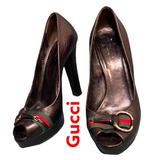 Gucci Shoes | Gucci Peep Open Toe Slip In Shoes Heels Pumps Black Designer Luxury Platform | Color: Black/Red | Size: 9.5
