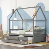 Harper Orchard Full Size Wooden House Bed w/ Trundle & 3 Drawers Wood in Gray, Size 87.7 H x 57.0 W x 76.0 D in | Wayfair