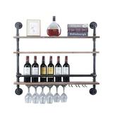 Williston Forge Rustic Wall Mounted Wine Rack Bottle Glass Storage Holder Shelf For Home Bar Wood/Metal/Solid Wood in Brown | Wayfair