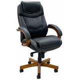 Black Leather Office Chair with Wood Arms and Base