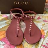 Gucci Shoes | Gucci Suede & Leather Crystal Detailed T-Strap Sandal Iob | Color: Pink/Red | Size: Size 39