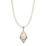 1928 Silver Tone Simulated Crystal and Pearl Teardrop Necklace, Women's, White