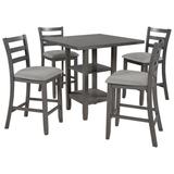 Rosalind Wheeler 5-Piece Wooden Counter Height Dining Set, Square Dining Table w/ 2-Tier Storage Shelving & 4 Padded Chairs Wood/Upholstered Chairs