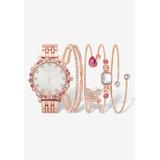 Plus Size Women's Goldtone Pink Crystal and Simulated Pearl 5 Piece Watch and Butterfly Bracelet Set, 7.5 inches by Woman Within in Gold