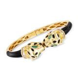 White Zircon And . Green Chrome Diopside Panther Bangle Bracelet In 18kt Gold Over Sterling With Black Enamel