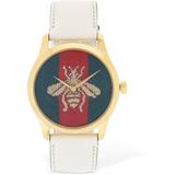 Embroidered Bee Leather Watch - White - Gucci Watches