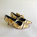 Tory Burch Shoes | Tory Burch Yellow Navy Green Satin Bow Mary Jane Heels Size 7.5 | Color: Blue/Yellow | Size: 7.5