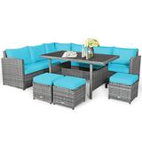Costway 7 Pieces Patio Rattan Dining Furniture Sectional Sofa Set with Wicker Ottoman-Turquoise