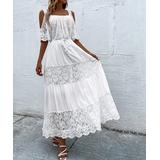 Ace by Aimee Women's Casual Dresses White - White Lace-Insert Cutout-Shoulder Maxi Dress - Women