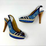 Nine West Shoes | Nine West Blue Patterned Cork Heel Slingback Peep Toe Pumps Size 10 | Color: Blue/Cream | Size: 10