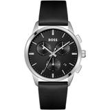 Black-dial Chronograph Watch With Black Leather Strap