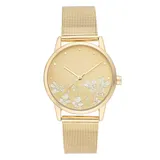 Nine West Women's Yellow Stainless Steel Mesh Bracelet Watch with Flower Dial, Size: Medium, Gold