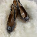 Coach Shoes | Metallic Dark Gray Coach Peep Toe High Heeled Cork Platform Wedges | Color: Gray/Tan | Size: 9