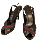 Gucci Shoes | Gucci Heels Shoes Pumps Stiletto Slip In Sandals Authentic Web Peep Open Toe | Color: Brown/Tan | Size: 9