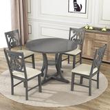 One Allium Way® 5-Piece Round Dining Table & 4 Fabric Chairs w/ Special-Shaped Table Legs & Storage Shelf Wood/Upholstered Chairs in Gray | Wayfair