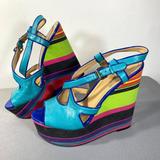 Nine West Shoes | Nine West Neon Stripe Wedge Sandals Platform Leather Tropical Disco Costume 8 M | Color: Blue | Size: 8