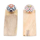 Heavenly Blossoms,'Pair of Wood Ceramic & Brass Door Stoppers Handmade in India'