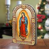 Fleur De Lis Living Lady Of Guadalupe Gold Plated Arch Shaped Icon - Painting on Wood in Brown/Orange/Red, Size 6.0 H x 4.0 W x 1.0 D in Wayfair