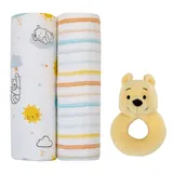 Disney Baby 3-Piece Winnie The Pooh Swaddle Set With Rattle In Yellow Yellow/multi