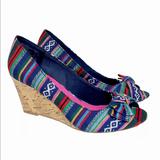 American Eagle Outfitters Shoes | New Women's American Eagle Ae Multicolor Peep Toe Wedge Cork Heel Sandals 7.5 | Color: Blue/Red | Size: 7.5