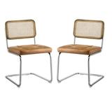 Art Leon SIASY Brown Faux Leather Accent Cane Side Chair with Woven Rattan Oak Wood Backrest and Chromed Metal Frame (Set of 2)