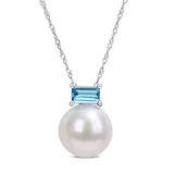 Belk & Co Women's 11-12 Millimeter Cultured Freshwater Pearl and 3/4 ct. t.w. Baguette London Blue Topaz Stud Pendant Necklace with Chain in 10k