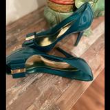 Coach Shoes | Coach Green Patent Leather Peep Toe Heels. Size 7.5 (38) | Color: Green | Size: 7.5