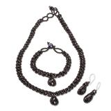 Finesse in Black,'Beaded Pendant Necklace Earrings and Bracelet Jewelry Set'